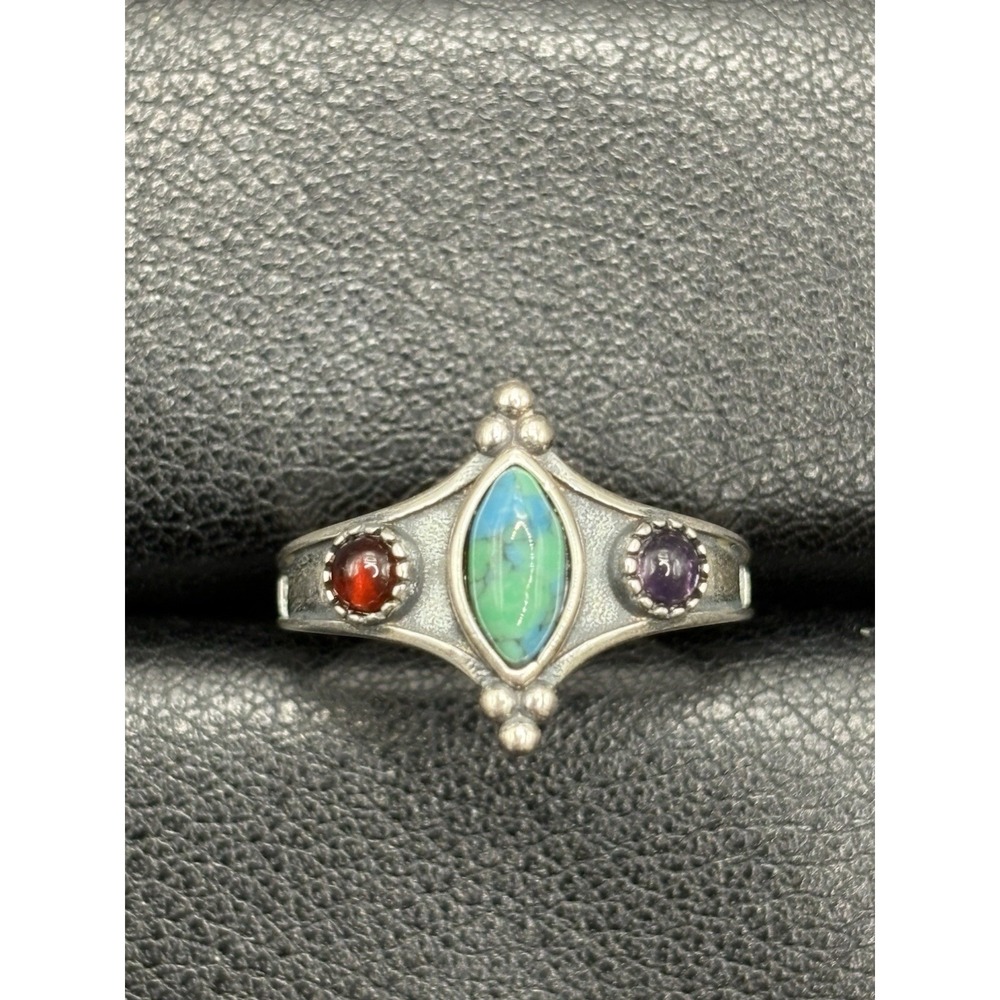 New Condition Sterling Silver Turquoise Garnet Amethyst Ring Size 7 H24